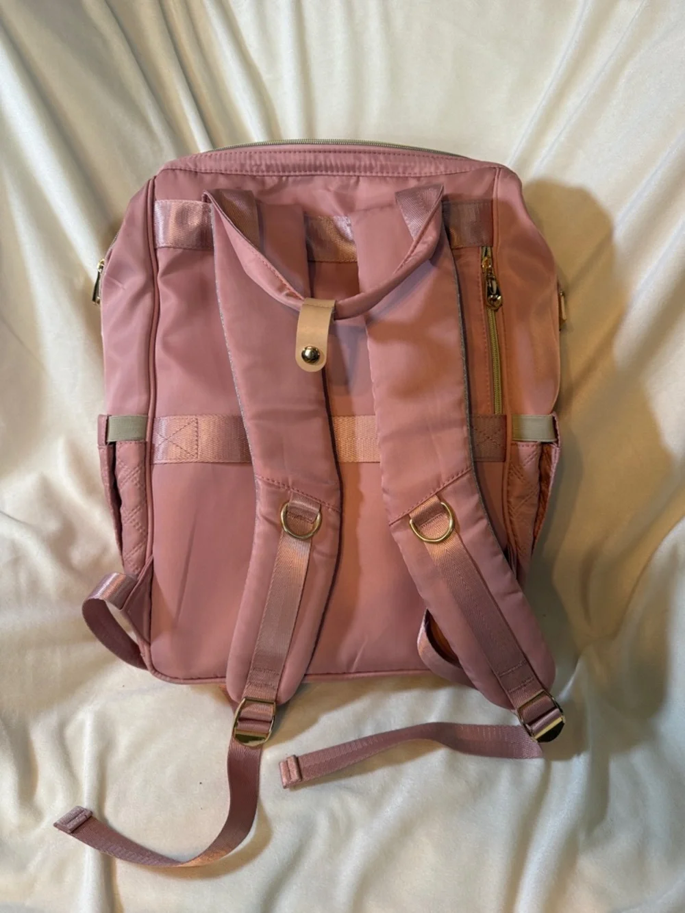 Weitars‎ Pink Quilted Nylon Backpack Multi Compartment Gold Tone Hardware Bag